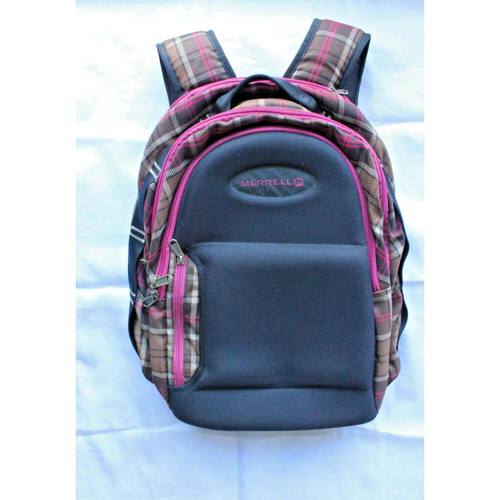 Merrell School Hiking Travel Backpack Plaid Accents Sternum Strap Hard Shell